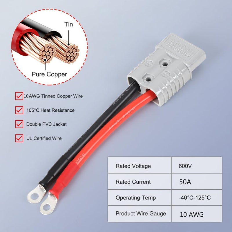 ANCHI Store موصل طاقة 50 أمبير مع قابس 50A توصيل سريع وفصل، كابل 10AWG بطول 1.97 قدم مع حلقة O (50A 60CM 2 قطع) - Image 5